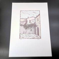 Sergio Celetti xilografia con angolo centro storico Forlì 30x50 cm ed. numerata