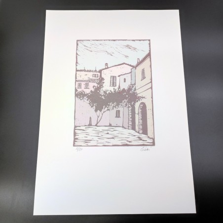 Sergio Celetti xilografia con angolo centro storico Forlì 30x50 cm ed. numerata