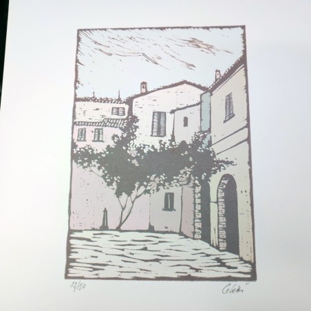 Sergio Celetti xilografia con angolo centro storico Forlì 30x50 cm ed. numerata