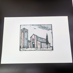 Sergio Celetti xilografia chiesa con campanile 30x50 cm ed. numerata
