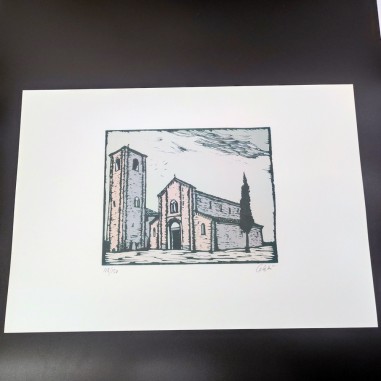 Sergio Celetti xilografia chiesa con campanile 30x50 cm ed. numerata