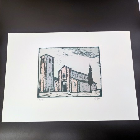 Sergio Celetti xilografia chiesa con campanile 30x50 cm ed. numerata
