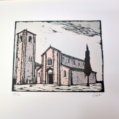 Sergio Celetti xilografia chiesa con campanile 30x50 cm ed. numerata 2