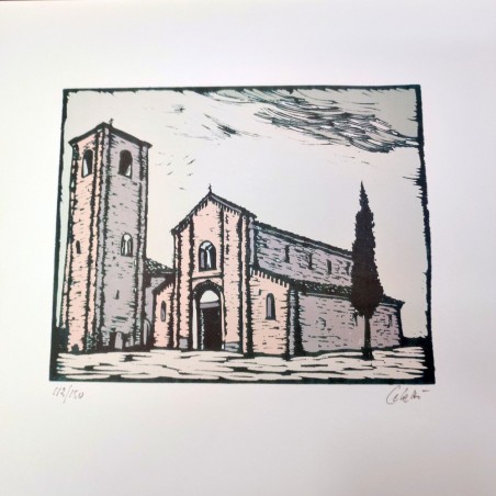 Sergio Celetti xilografia chiesa con campanile 30x50 cm ed. numerata