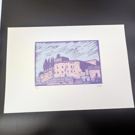 Sergio Celetti xilografia veduta di rocca 30x50 cm ed. numerata