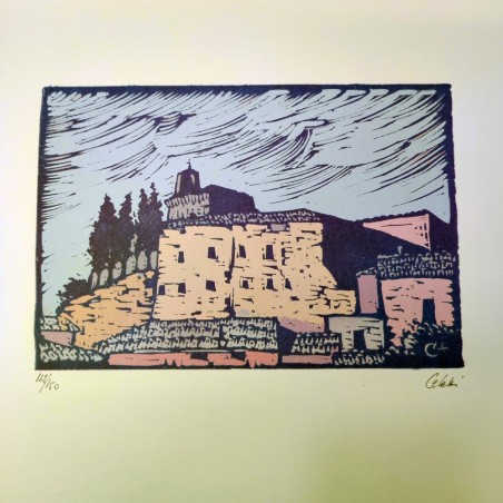 Sergio Celetti xilografia veduta di rocca 30x50 cm ed. numerata