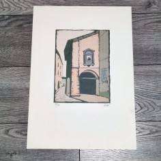 Sergio Celetti xilografia scorcio cittadino 30x50 cm ed. numerata