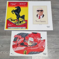 Lotto di 3 manifesti stampa da disegni frmati FERRARI