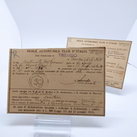 ACI Treviso Lotto di tagliandi distretto Militare per vidimazione patente 1938