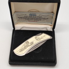 Coltellino Zippo originale guancette con carri coloni far west nuovo