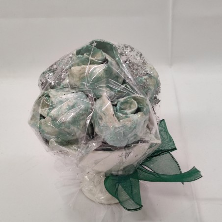 Bouquet di 5 fiori di cartapesta rose blu in coppa di ceramica e glitter