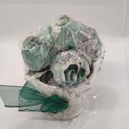 Bouquet di 5 fiori di cartapesta rose blu in coppa di ceramica e glitter