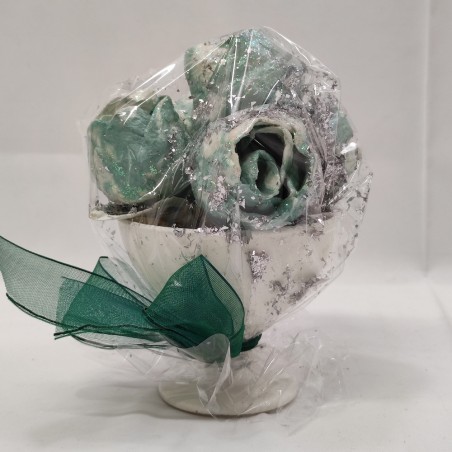 Bouquet di 5 fiori di cartapesta rose blu in coppa di ceramica e glitter