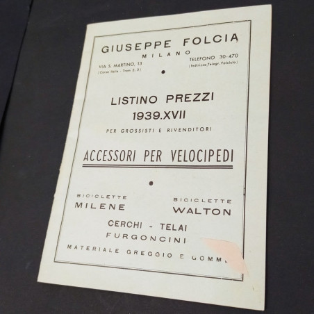 Catalogo listino prezzi accessori per velocipedi Giuseppe Folcia 1939
