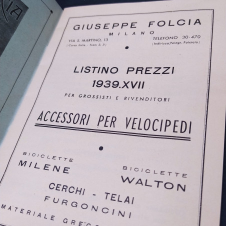 Catalogo listino prezzi accessori per velocipedi Giuseppe Folcia 1939