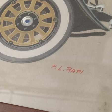 Disegno originale tempera su carta autore F.L. Rapi auto Lincoln V8 Limousine