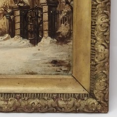 Quadro olio su tavola soggetto cancello di ingresso sotto nevicata con cornice 2