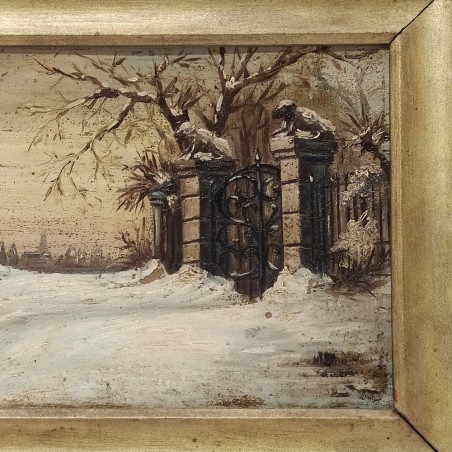 Quadro olio su tavola soggetto cancello di ingresso sotto nevicata con cornice