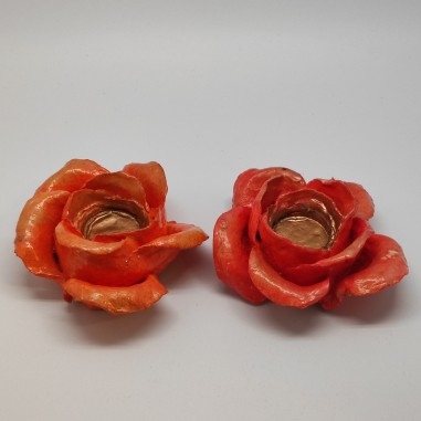 2 rose in cartapesta centrotavola porta candela colore arancio e oro d. 10/12 cm