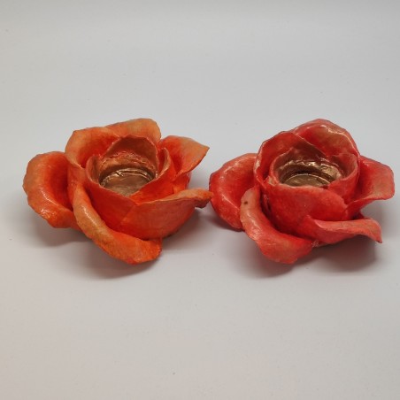 2 rose in cartapesta centrotavola porta candela colore arancio e oro d. 10/12 cm