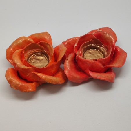 2 rose in cartapesta centrotavola porta candela colore arancio e oro d. 10/12 cm