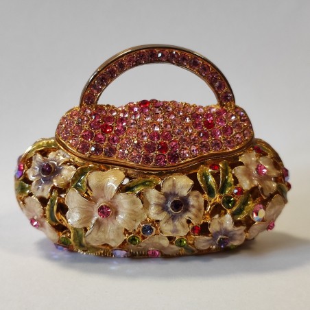 Scatolina in metallo dorato con decori floreali e strass incastonati nuova