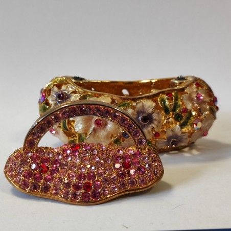 Scatolina in metallo dorato con decori floreali e strass incastonati nuova