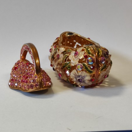 Scatolina in metallo dorato con decori floreali e strass incastonati nuova