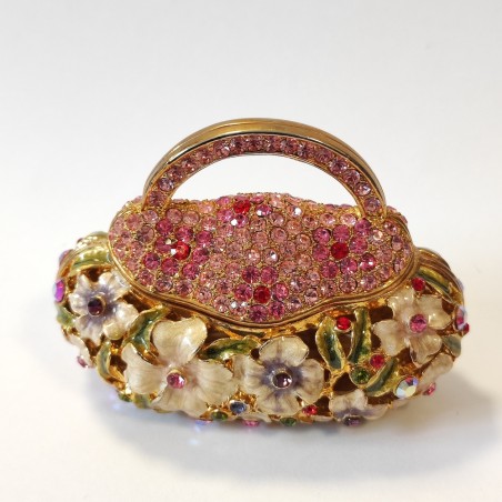 Scatolina in metallo dorato con decori floreali e strass incastonati nuova