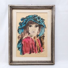 Quadro tempera su carta donna con copricapo azzurro - Autore Mario …