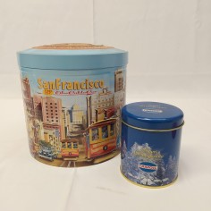 Coppia di barattoli di latta San Francisco Cable car e pandoro Tamoil