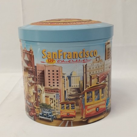 Coppia di barattoli di latta San Francisco Cable car e pandoro Tamoil