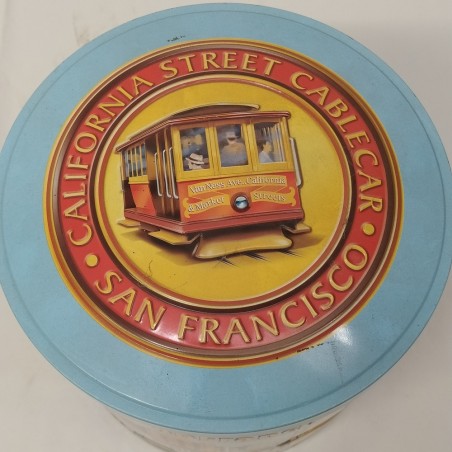 Coppia di barattoli di latta San Francisco Cable car e pandoro Tamoil