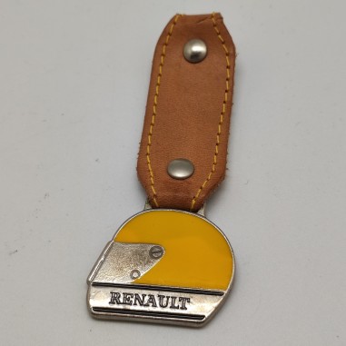 Portachiavi Renault casco con smalto giallo e parte in pelle marrone. L. 7,5 cm