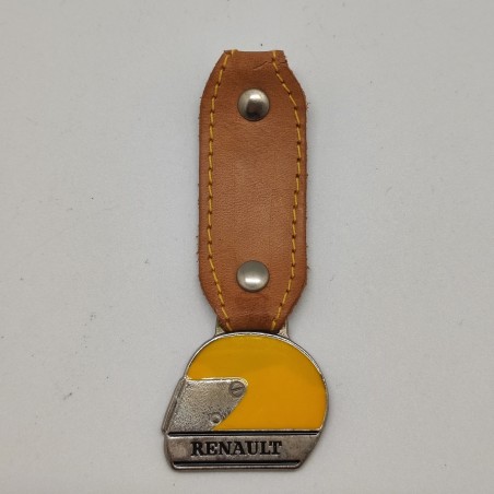 Portachiavi Renault casco con smalto giallo e parte in pelle marrone. L. 7,5 cm