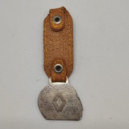 Portachiavi Renault casco con smalto giallo e parte in pelle marrone. L. 7,5 cm