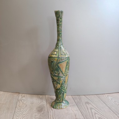 Carlo Zauli Faenza vaso in maiolica anni 50 smalto verde e decoro geometrico 57 cm