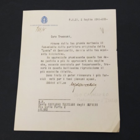 Lotto di 3 lettere a Treccani, vari miittenti 1941. Buono