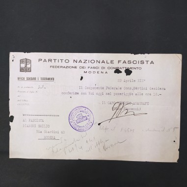 Comunicazione Partito nazionale fascista Ufficio schedario 1941. Annotazioni