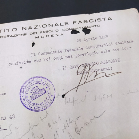 Comunicazione Partito nazionale fascista Ufficio schedario 1941. Annotazioni