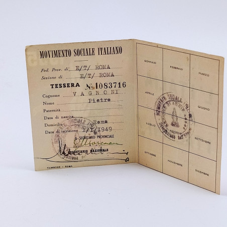 Tessera MSI 1955 con firma di Almirante segretario nazionale. Buone condizioni