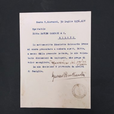 Lettera alla ditta Davide Campari datata 1936. Leggere macchie