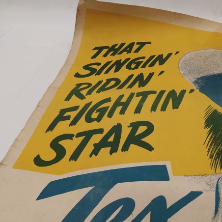 Manifesto in tessuto Tex Ritter USA anni '30 7x106 cm. Ingiallimenti
