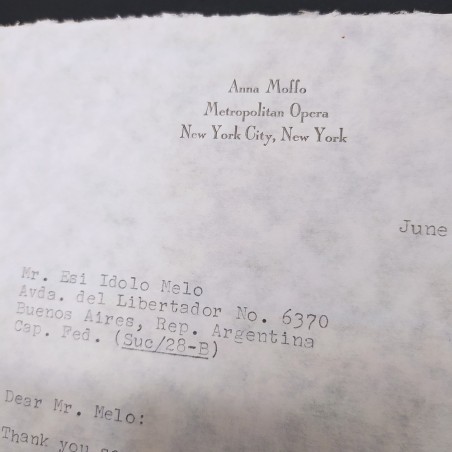 Lettera autografa della soprano Anna Moffo in inglese 1967. Buono