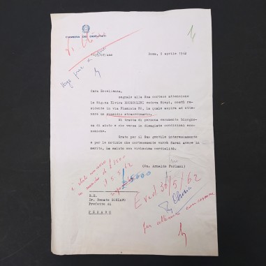 Lettera di Arnaldo Forlani su carta intestata Camera dei Deputati 1962