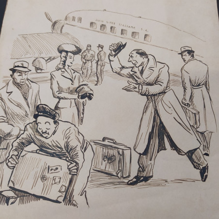 Disegno a inchiostro nero Avio Linee Italiane su foglio semplice. Ingiallimenti