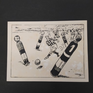 Bozzetto Juventus calcio firmato Carlin '52, dimensioni 24x18 cm. Buono