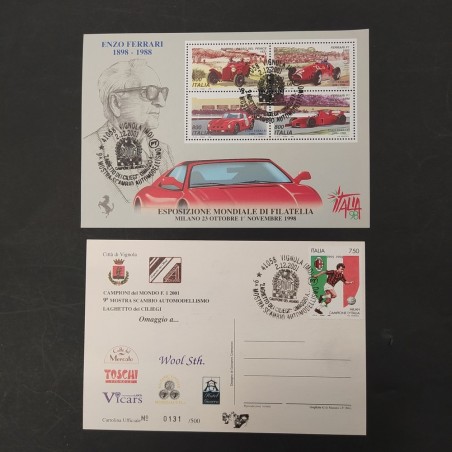 Cartolina ufficiale Campioni del mondo F1 2001 e francobolli celebrativi. Buono
