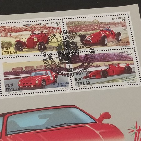 Cartolina ufficiale Campioni del mondo F1 2001 e francobolli celebrativi. Buono