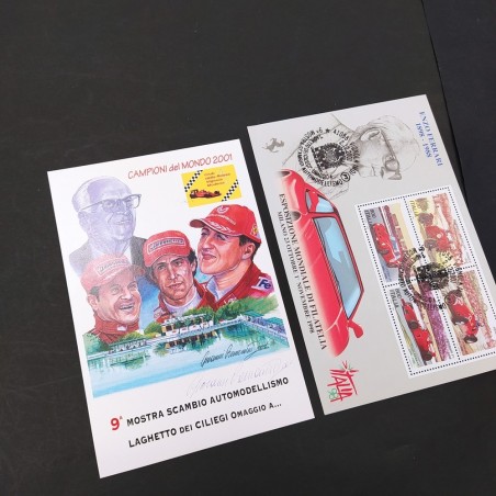Cartolina ufficiale Campioni del mondo F1 2001 e francobolli celebrativi. Buono
